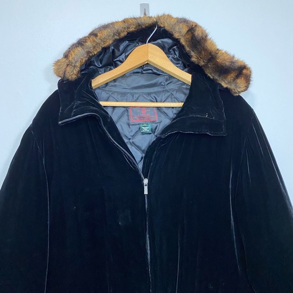 WOMENS LAUREN RALPH LAUREN BLACK VELVET SILK HOODED COAT PARKA FAUX FUR Size L - Picture 2 of 10